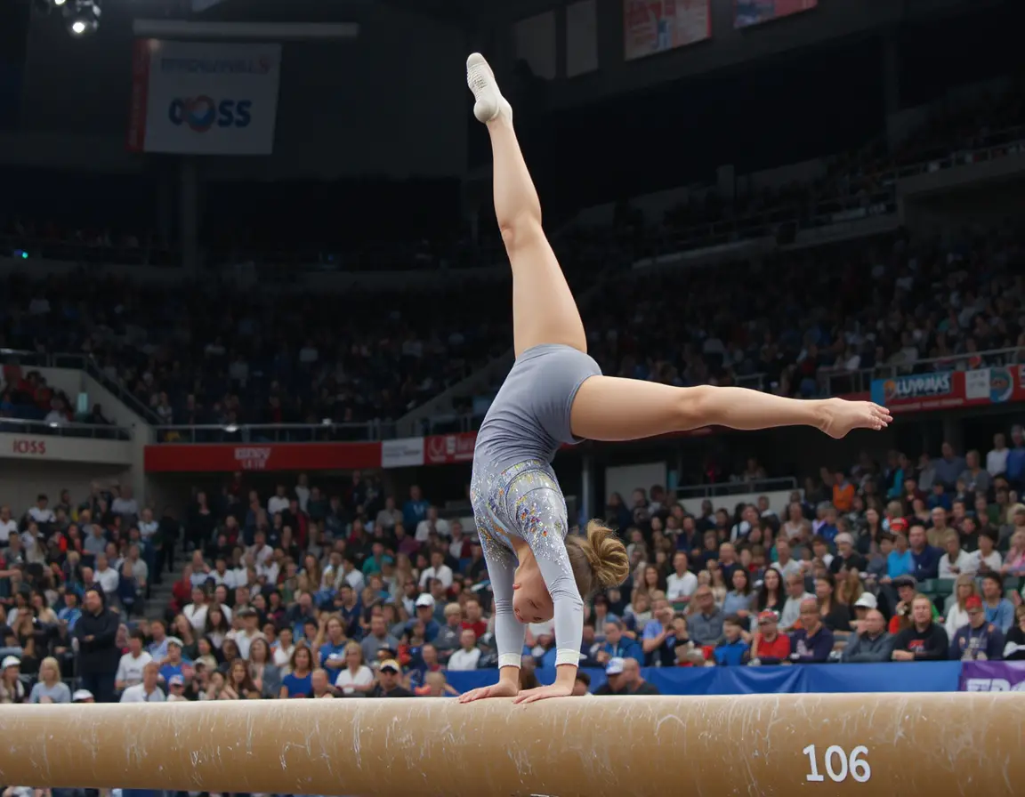 Female gymnast performing a back handspring in competition