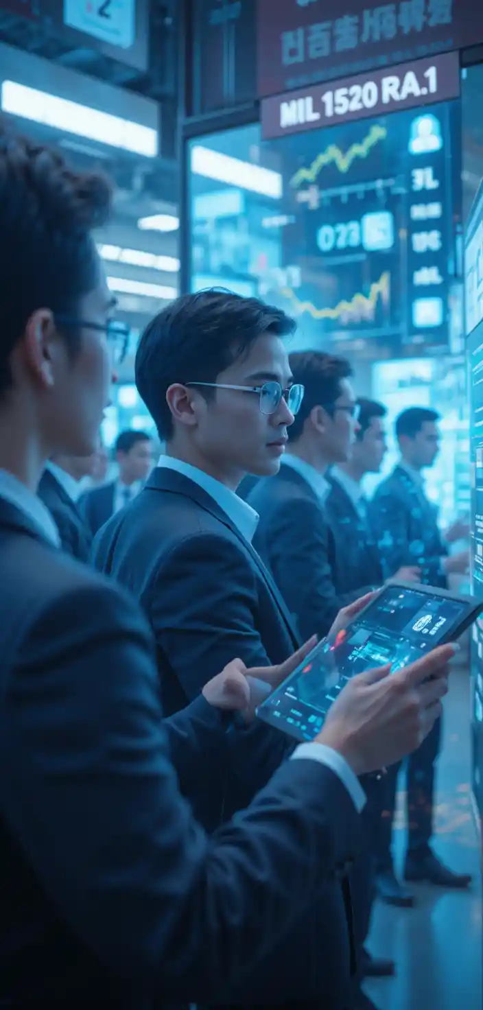 Entrepreneurs Using Futuristic AI Holographic Screens In Modern Office
