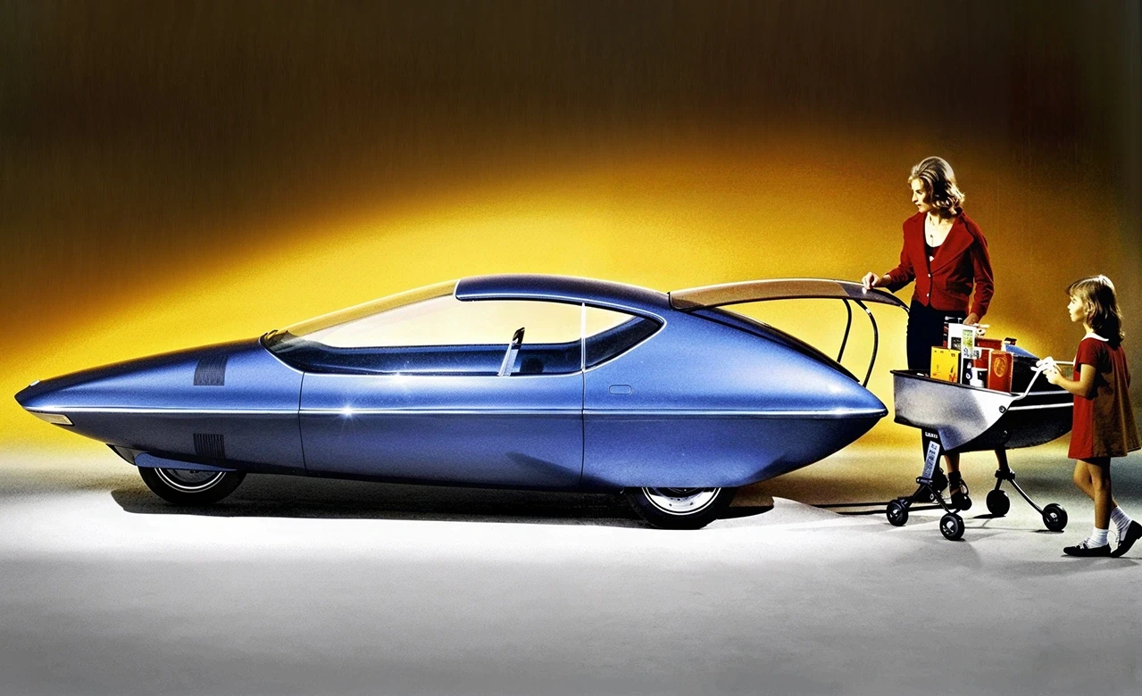 Vintage illustration of a futuristic blue family car and groceries