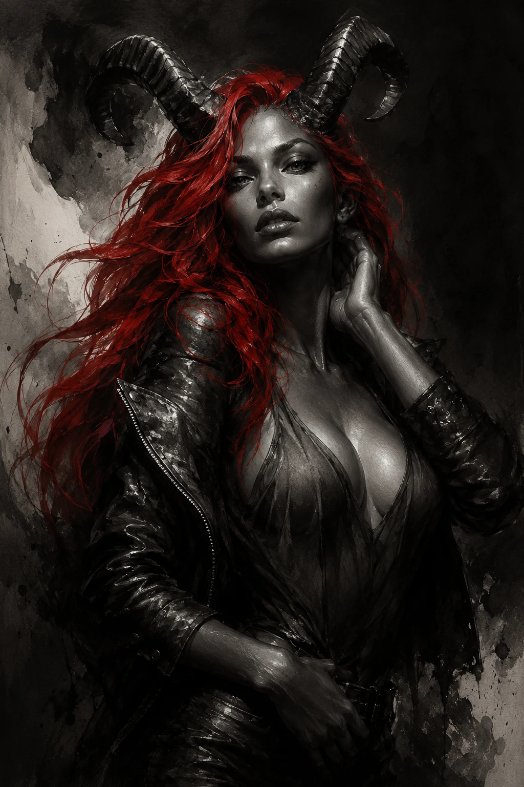 Demonic woman portrait with red hair in dramatic light