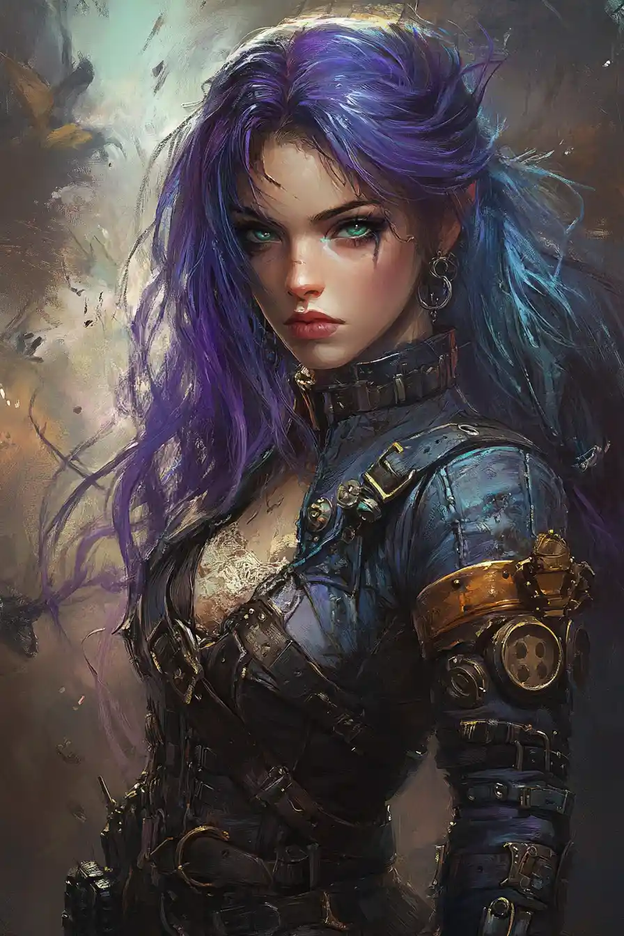 Steampunk outlaw woman with glowing arcane technology