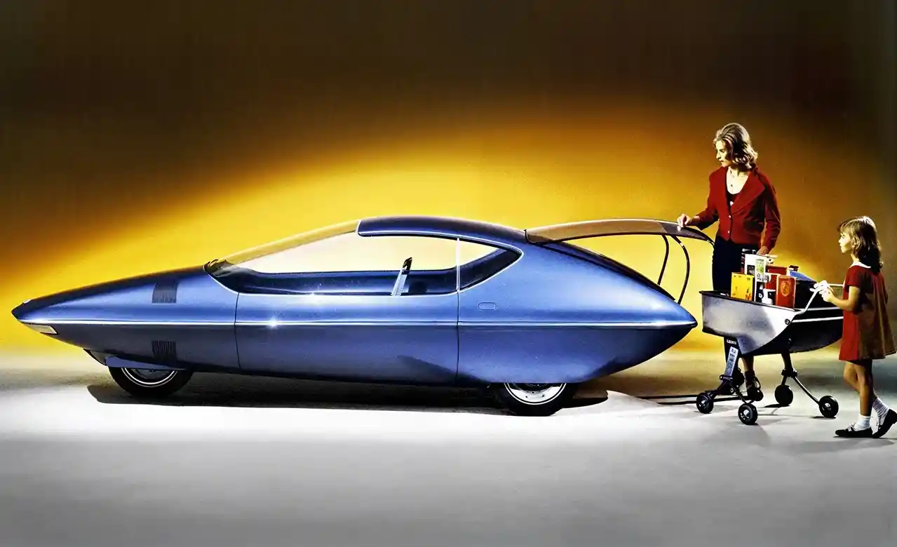 Vintage illustration of a futuristic blue family car and groceries