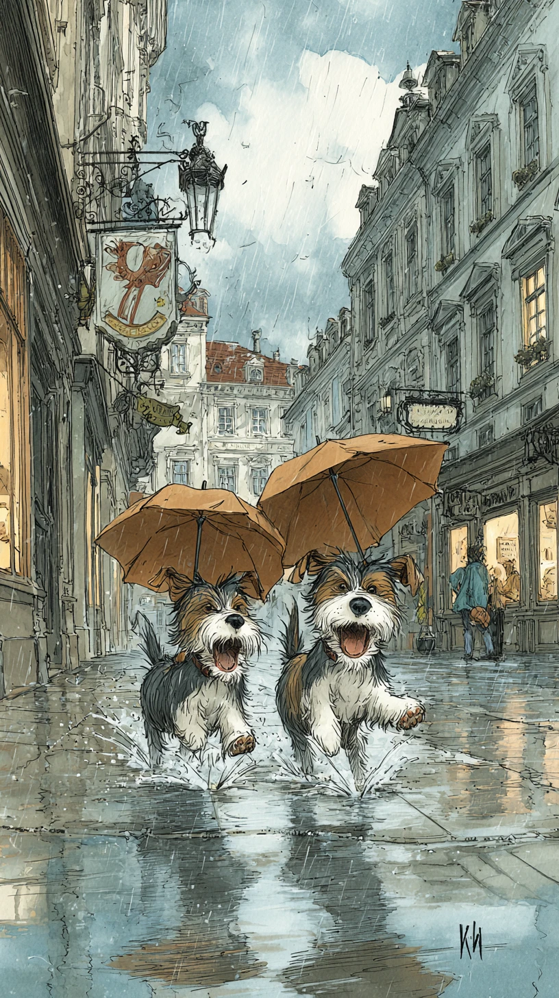 Two happy dogs running through a rainy Munich street