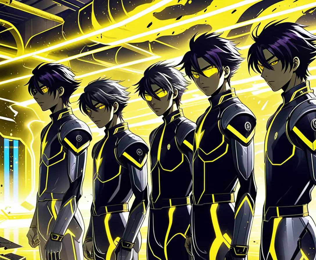 Endless rows of gray skinned teenage boys in sci fi lab