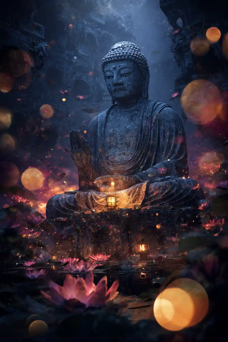 Huge buddha statue rising from a dramatic sky canyon