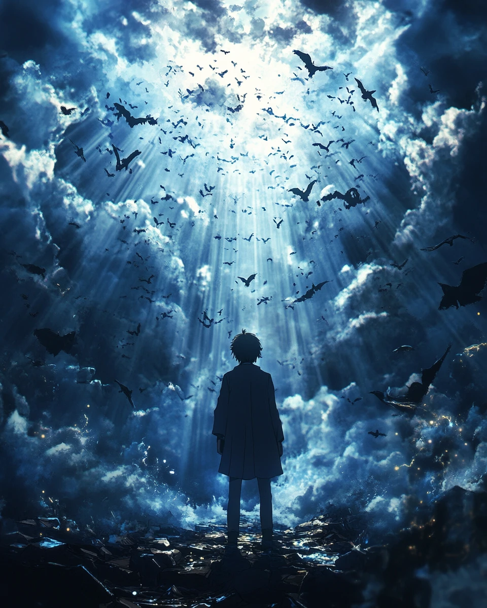Anime figure in dramatic light within a surreal inner world