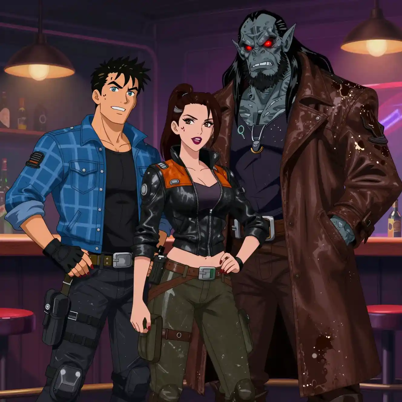 Three space fantasy heroes laughing in a neon bar