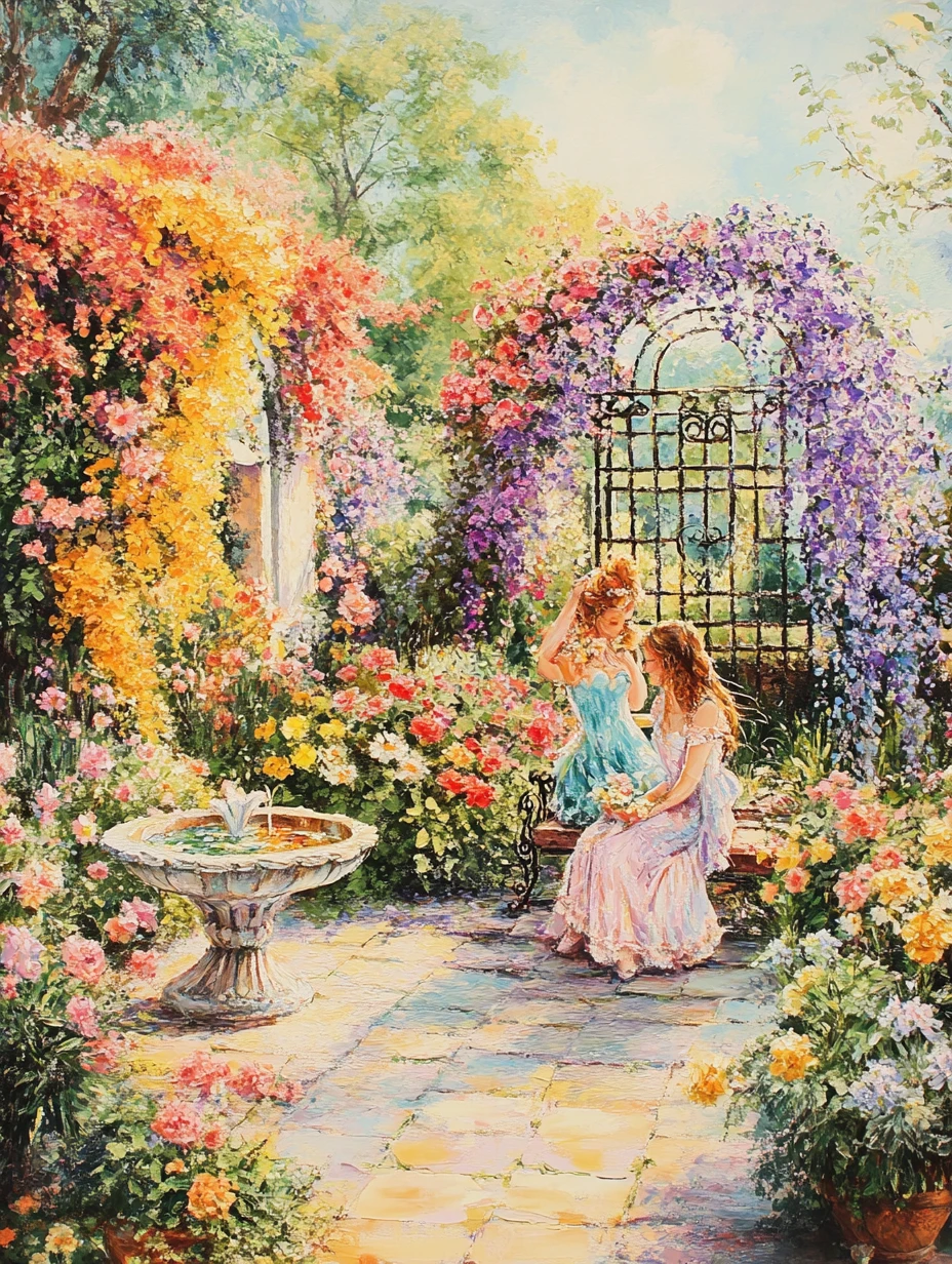 Beautiful girl relaxing in a colorful flower garden