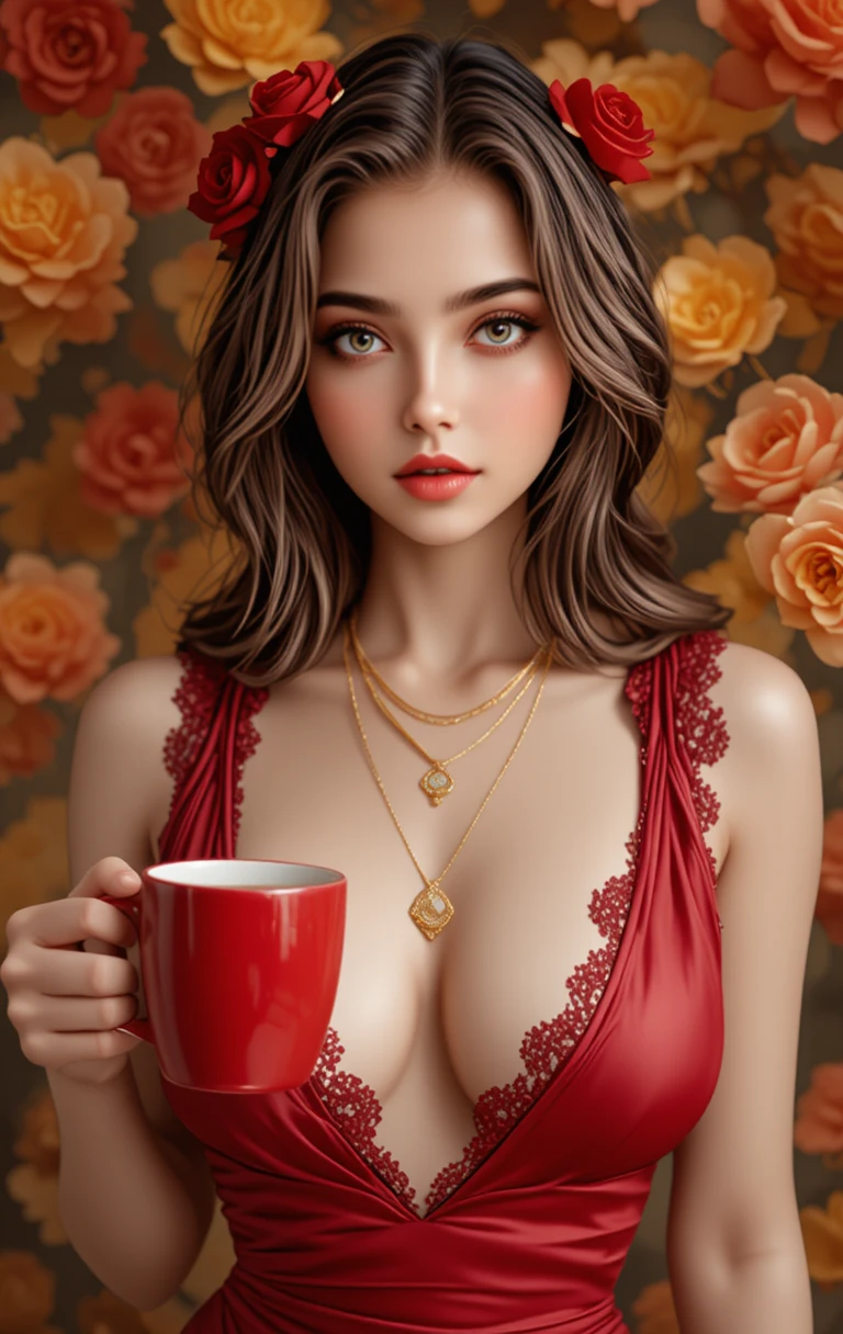 Fantasie-asiatische Frau mit Rosen und rotem Satinkleid