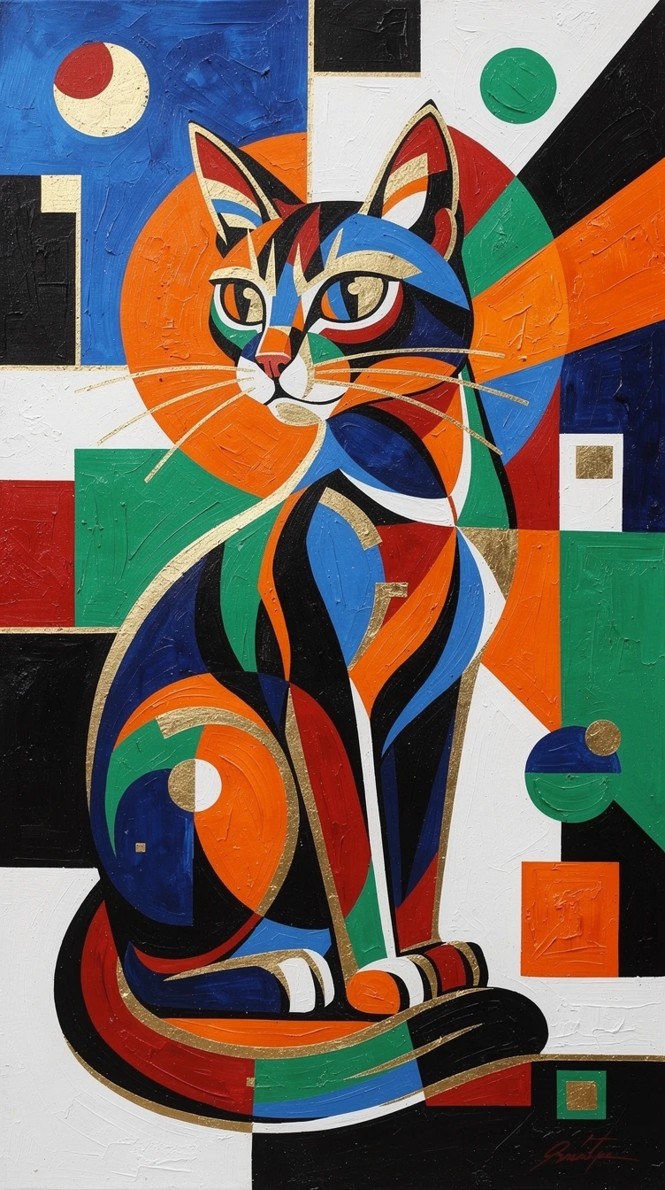 Abstract geometric portrait of a seated cat in bold colors