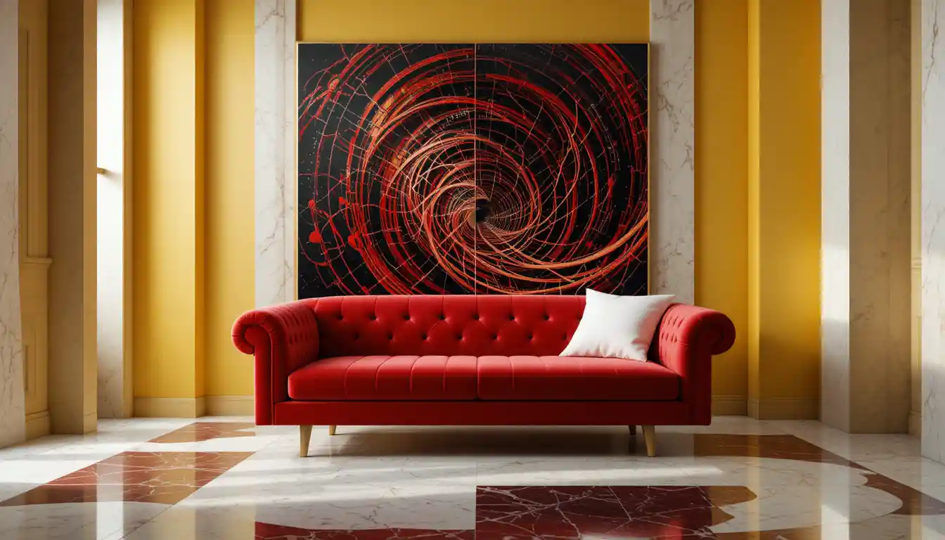 Divano rosso e bianco in una stanza gialla con portale
