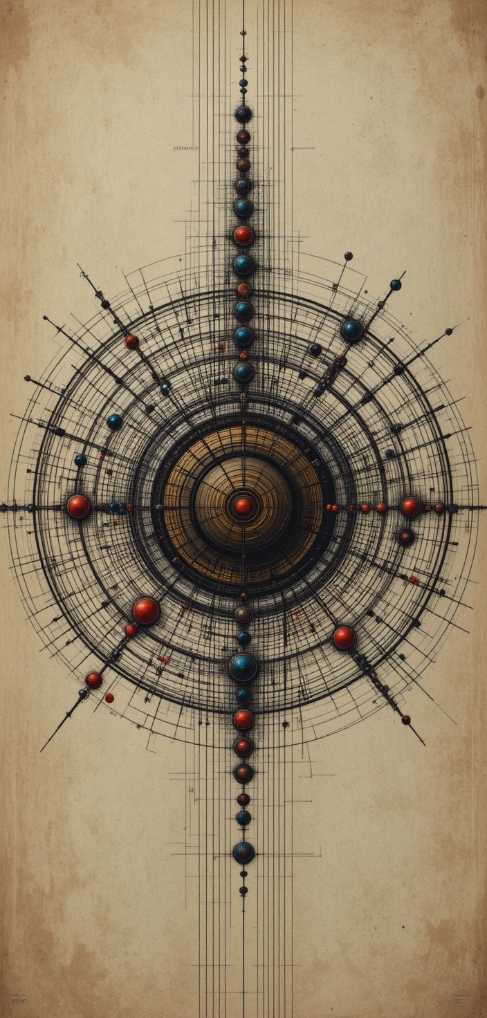 Abstract concentric circles with colorful cosmic orbs