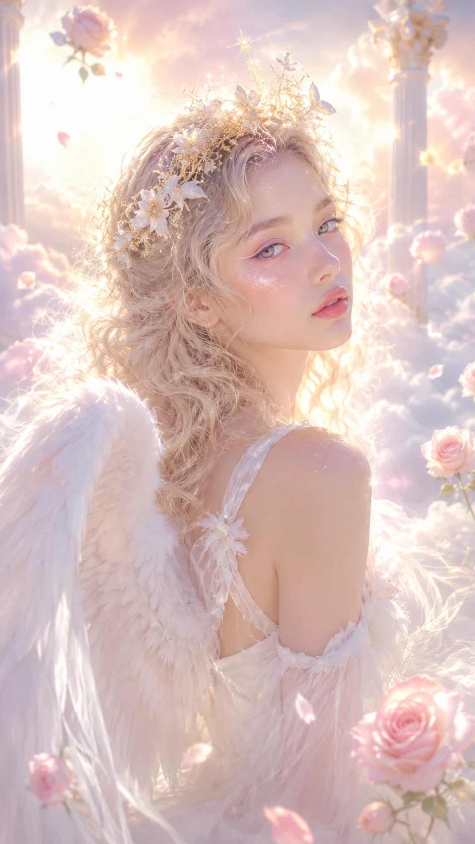 Teen angelic girl portrait on glowing pastel cloud platform