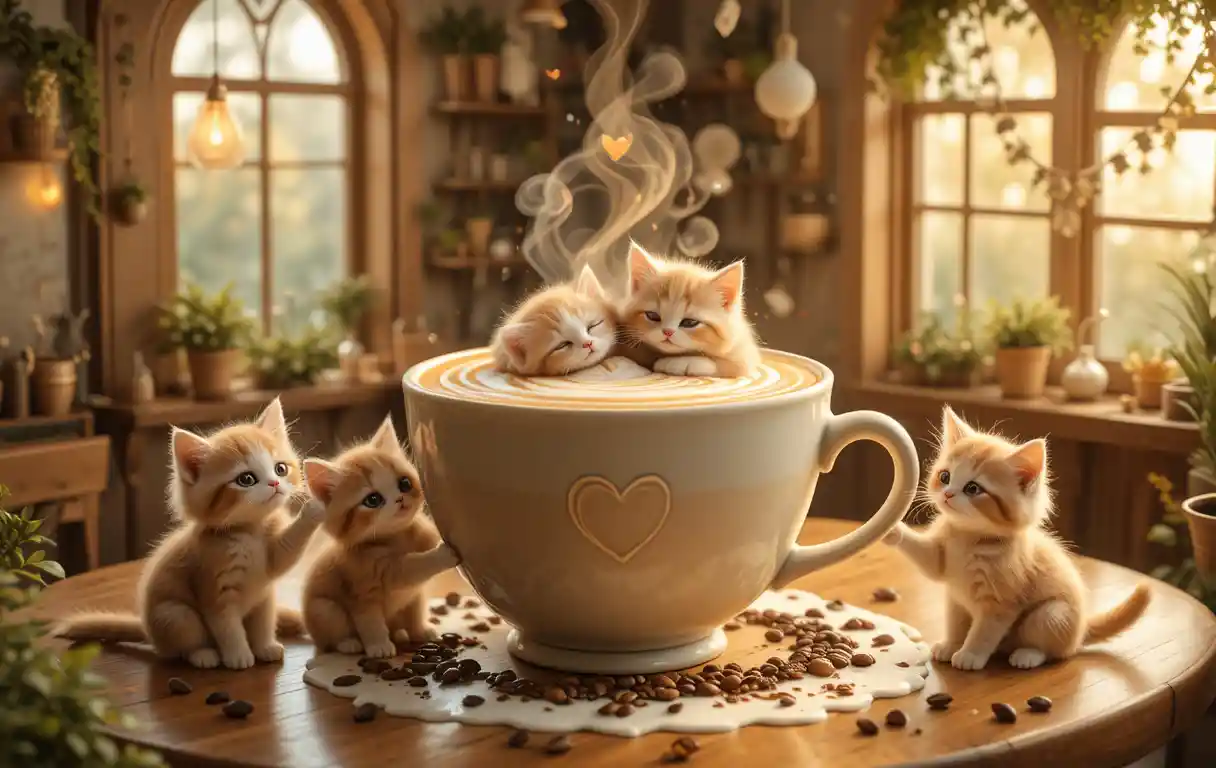 Adorabili Gatti Latte in una Magica Caffetteria Accogliente
