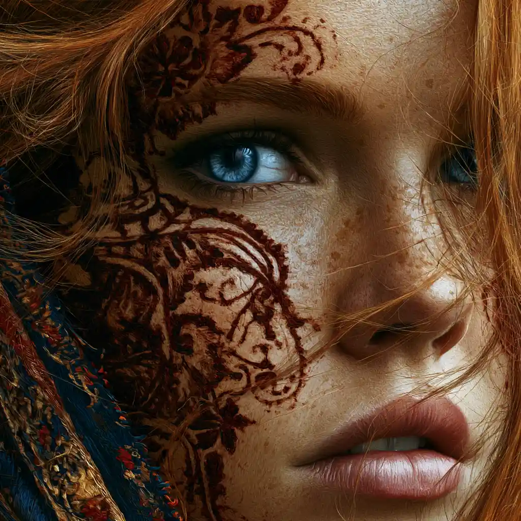 Melancholic woman with floral henna tattoos in surreal portrait