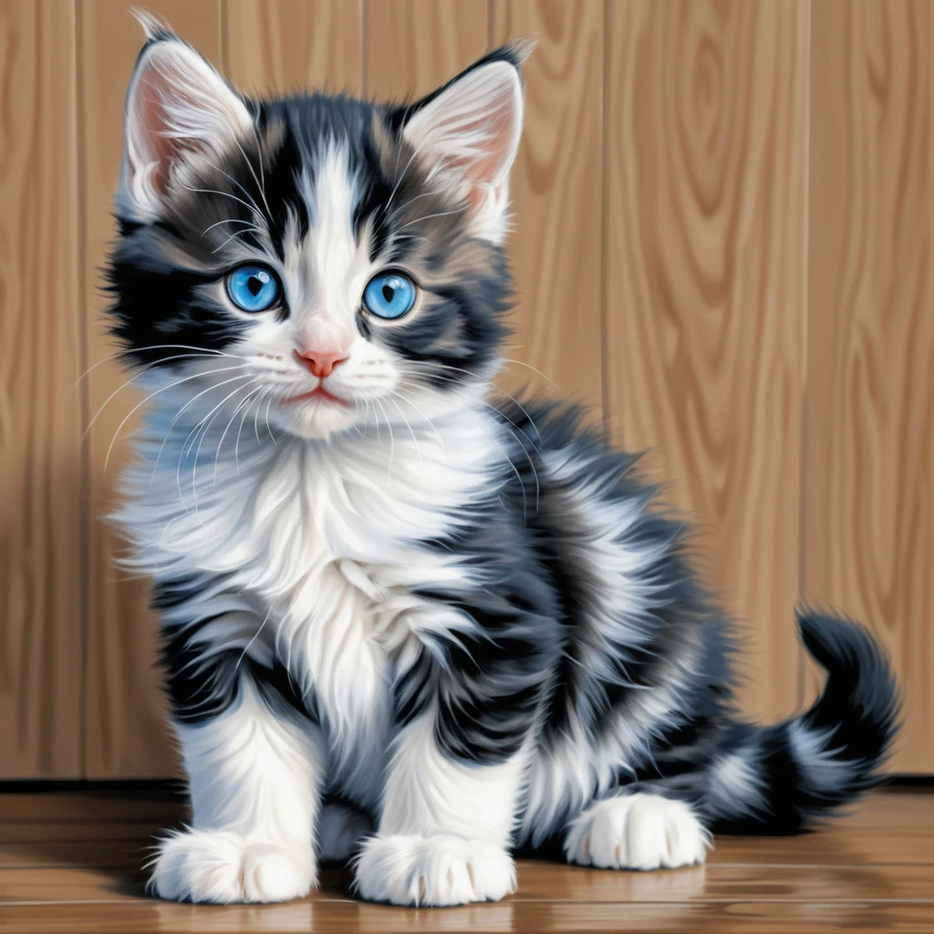Fluffy black and white kitten with bright blue eyes standing