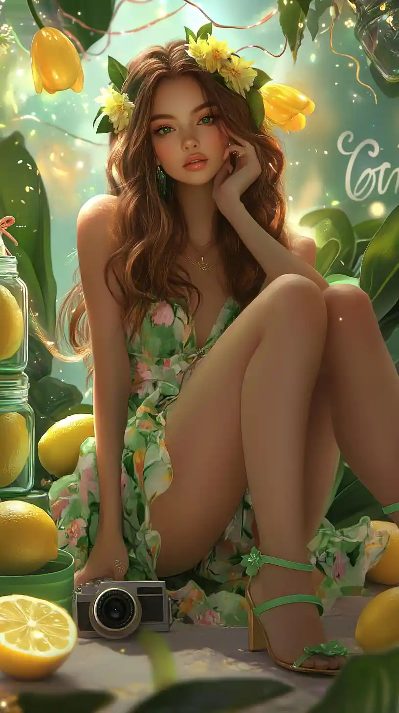 Whimsical woman with camera in citrus themed digital scene
