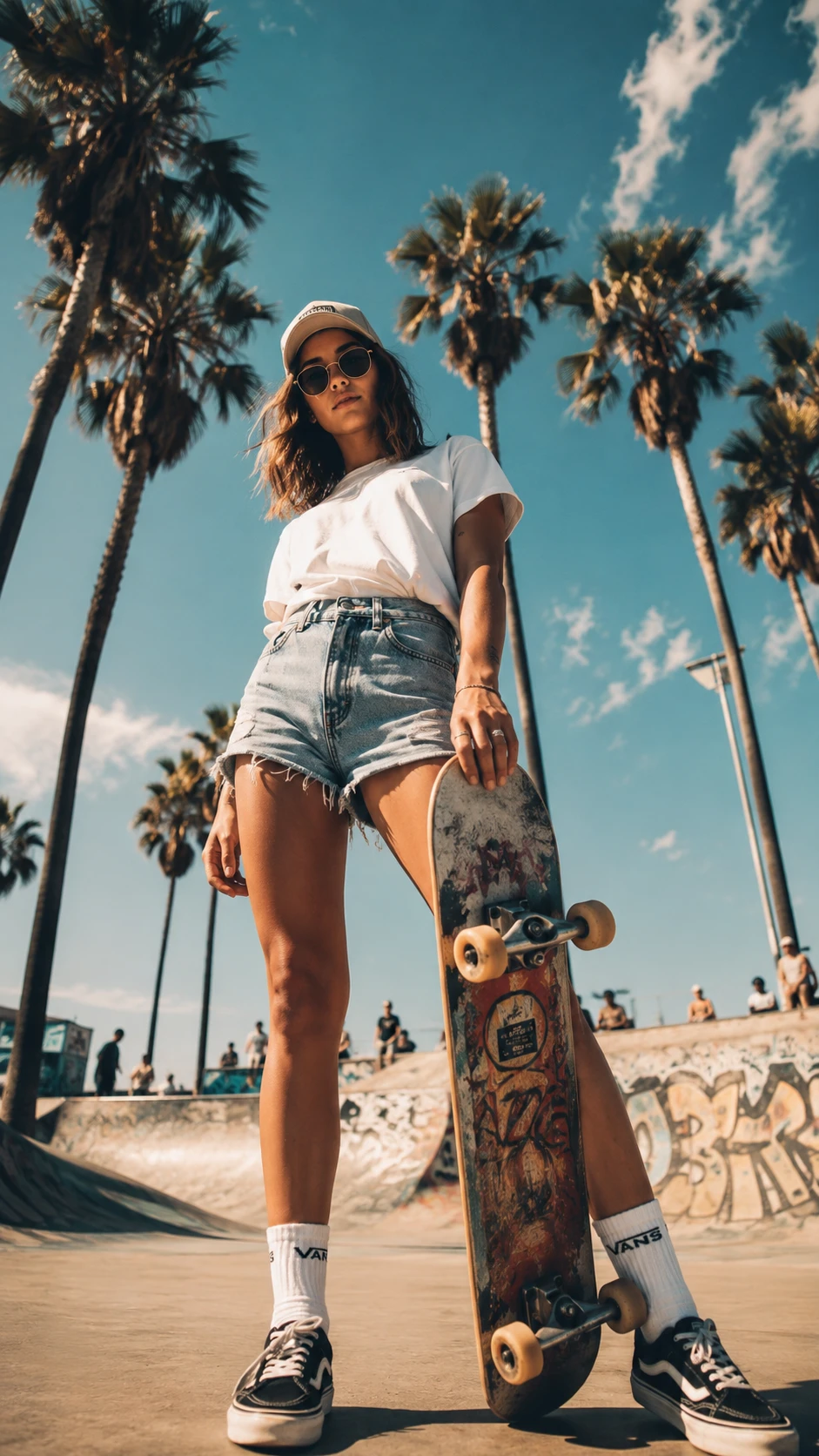 Confident skater girl under palm trees at sunny skatepark