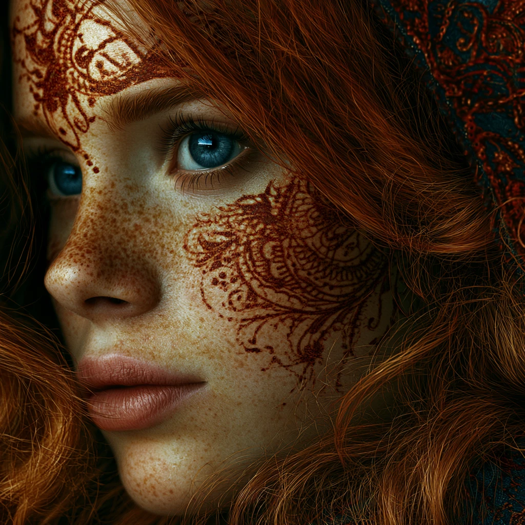 Melancholic girl with henna tattoos and sad blue eyes