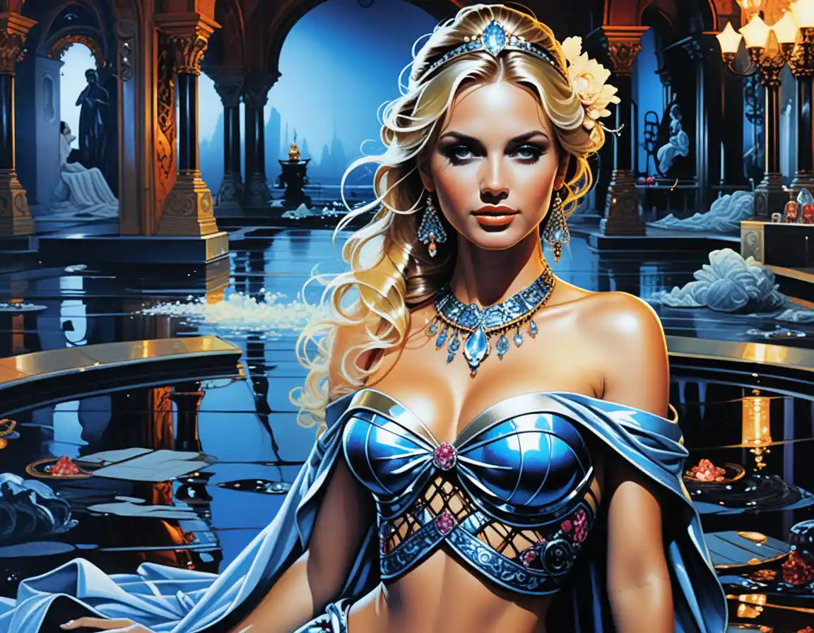 Joyful water goddess walking through a sunlit palace pool