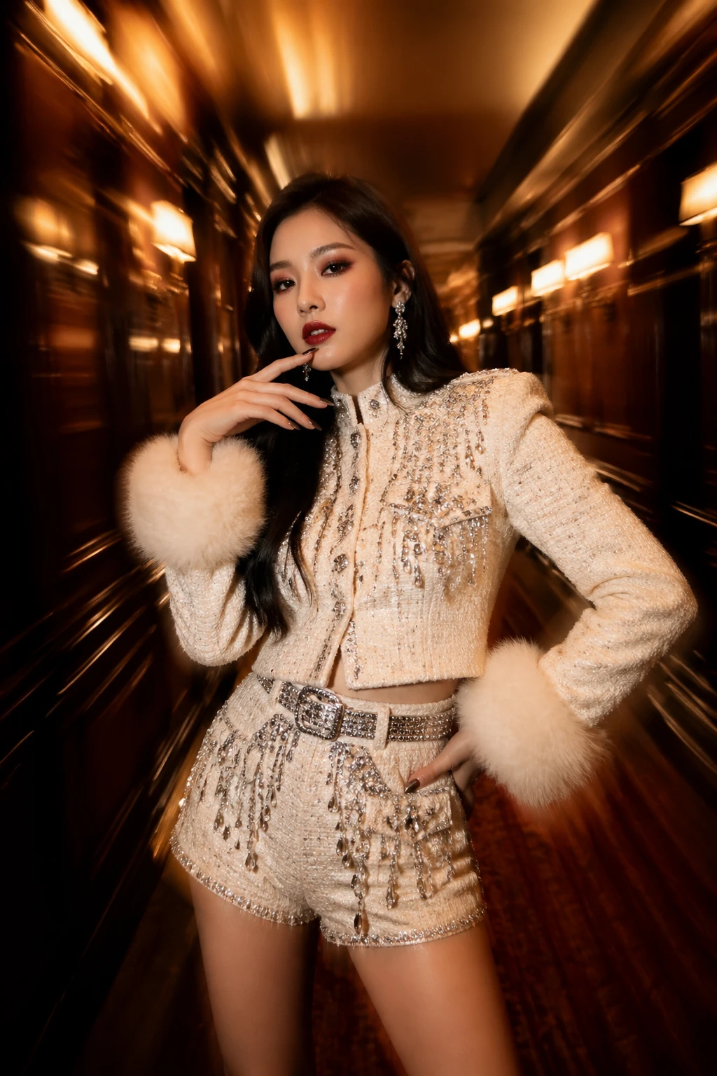 Donna elegante in tweed avorio che posa in un corridoio sfocato