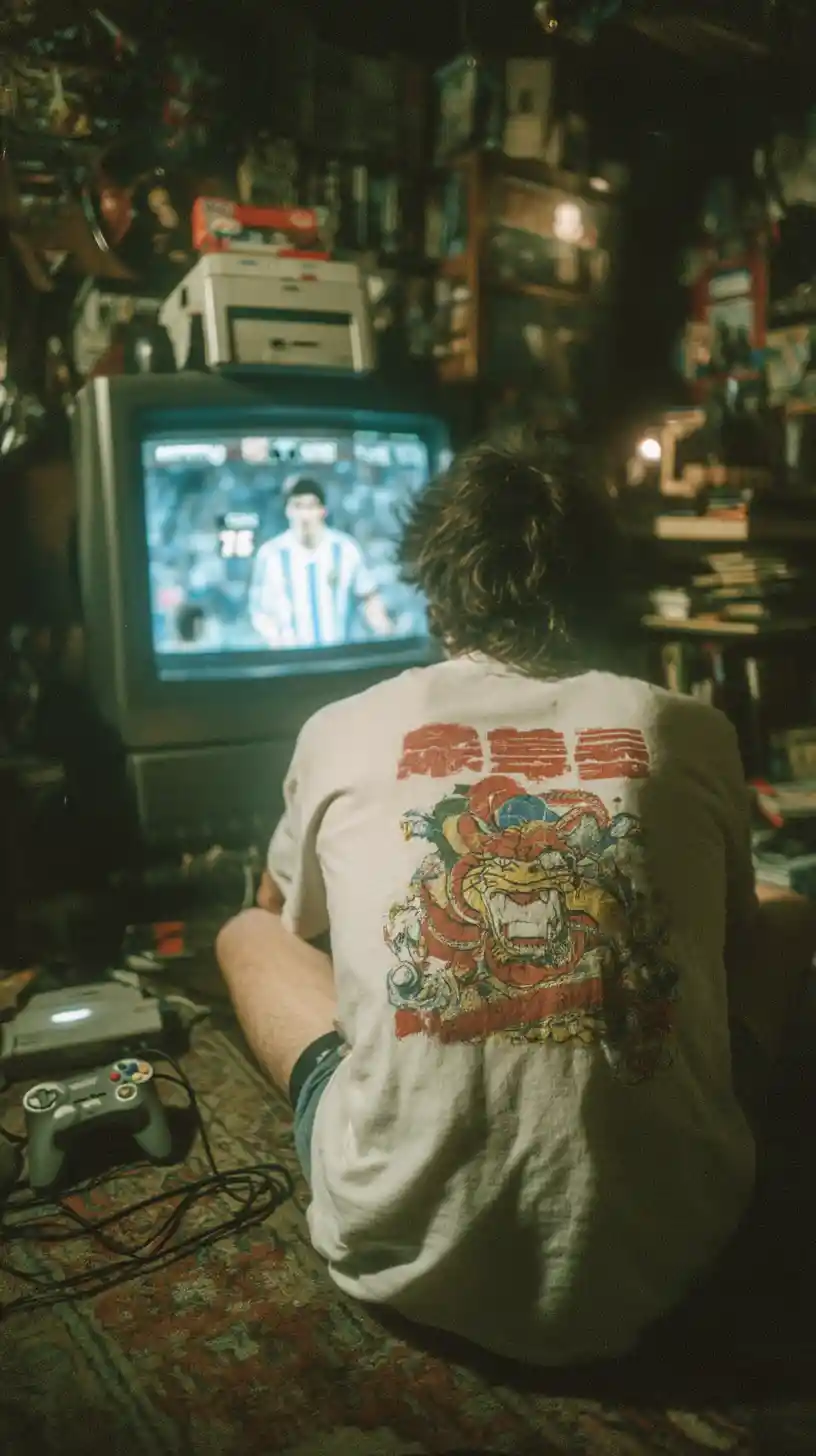 Man playing retro console on floor in dim bedroom