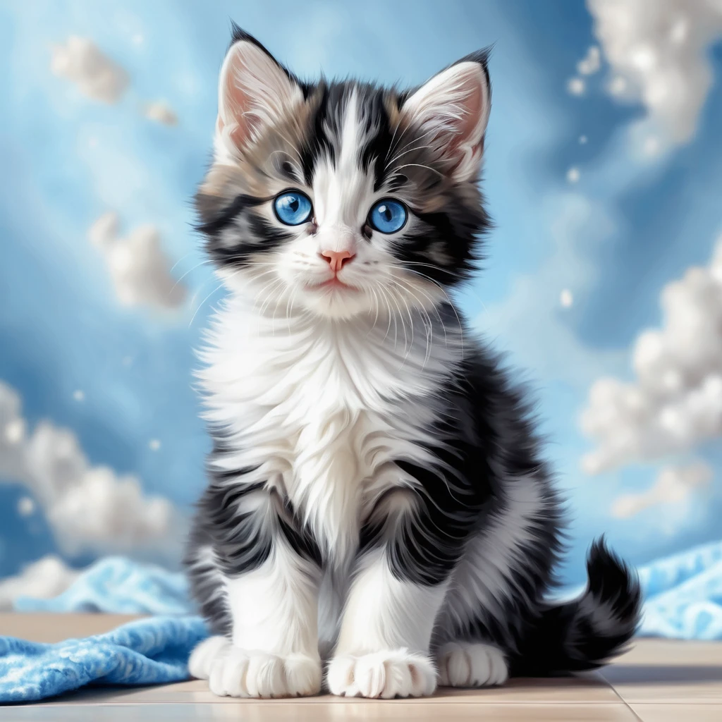Fluffy blue eyed kitten standing in colored pencil style