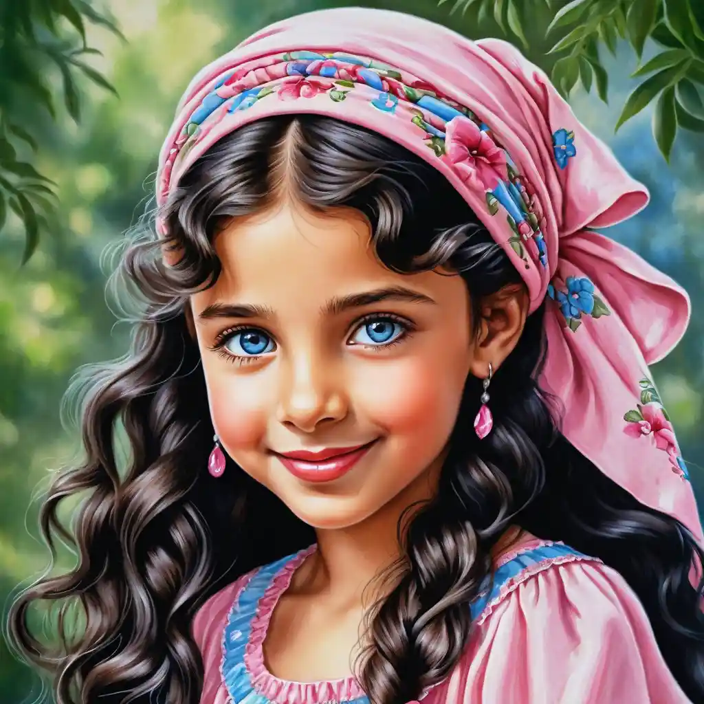 Smiling blue eyed girl in pink dress and headscarf