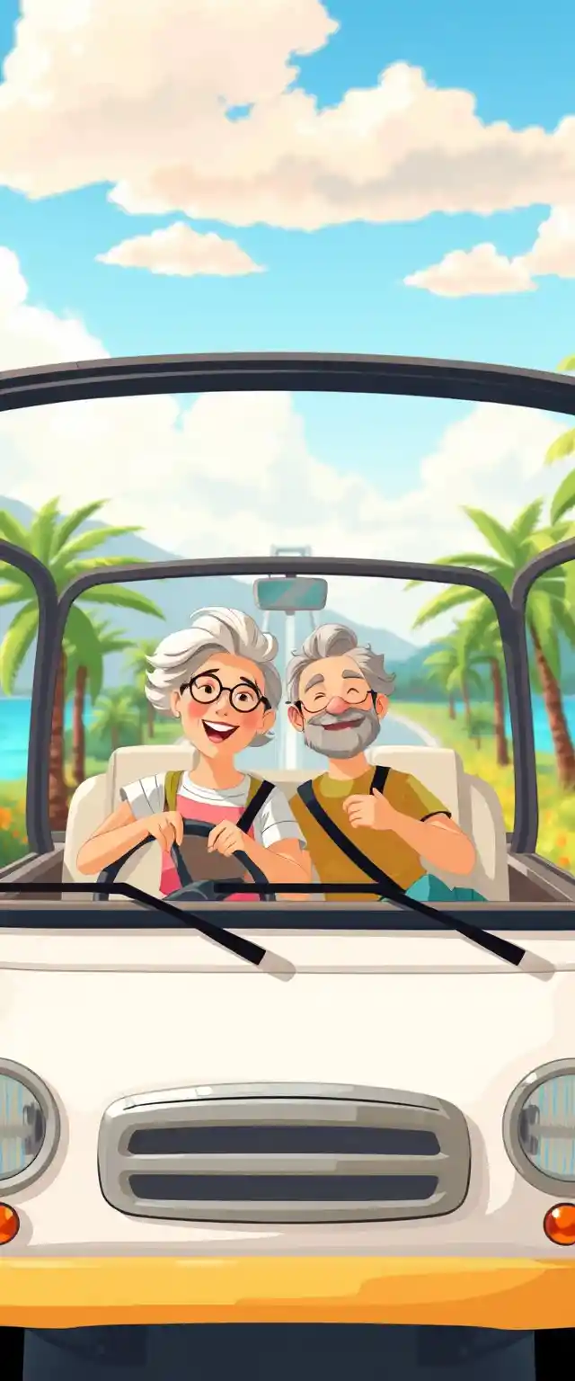 Elderly couple driving a motorhome on the summer highway