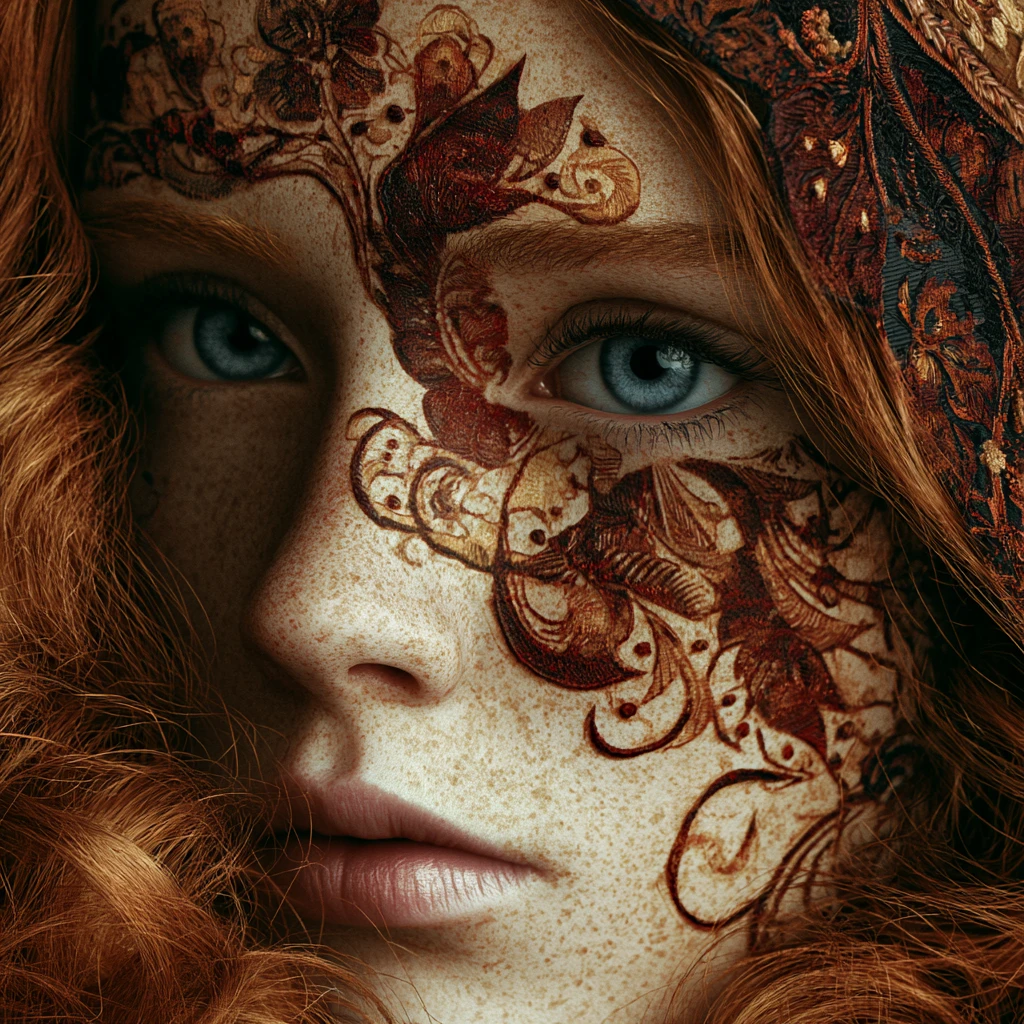 Melancholic woman with henna tattoos in surreal portrait