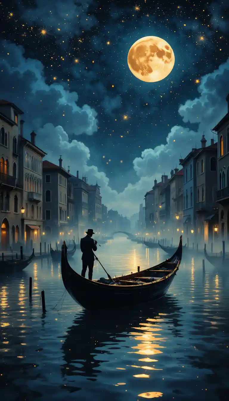 Violinista en un pequeño bote en un canal de Venecia iluminado por la luna