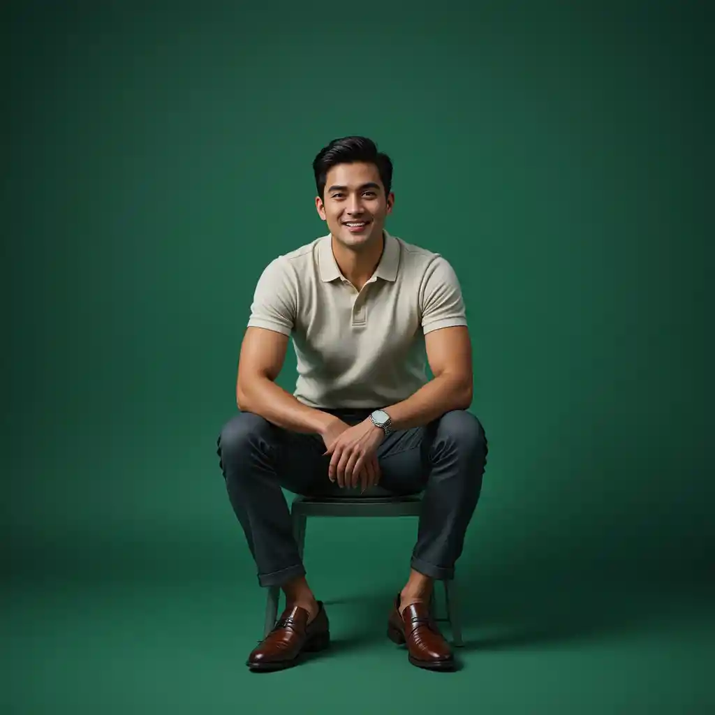 Stylish Malaysian man seated in a minimalist studio portrait