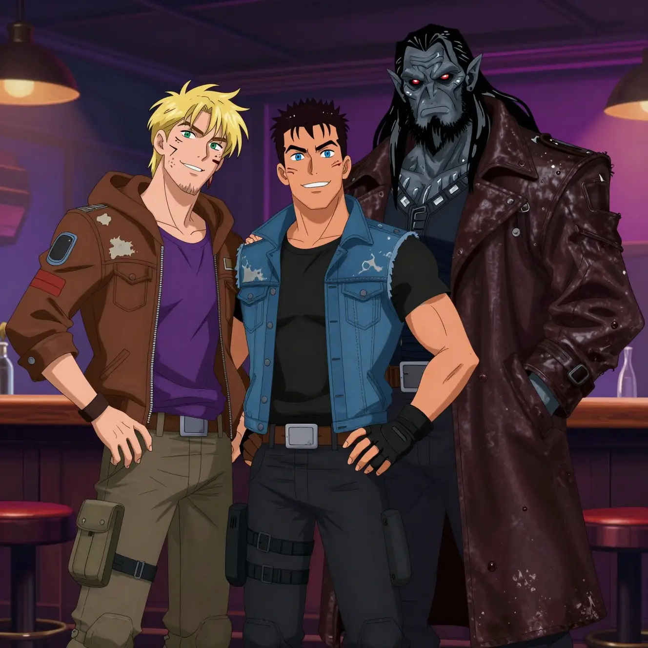 Laughing space heroes and orc gangster in neon bar
