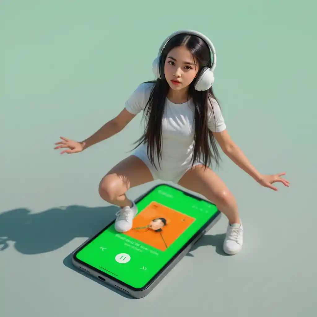 Young woman standing on smartphone with music player