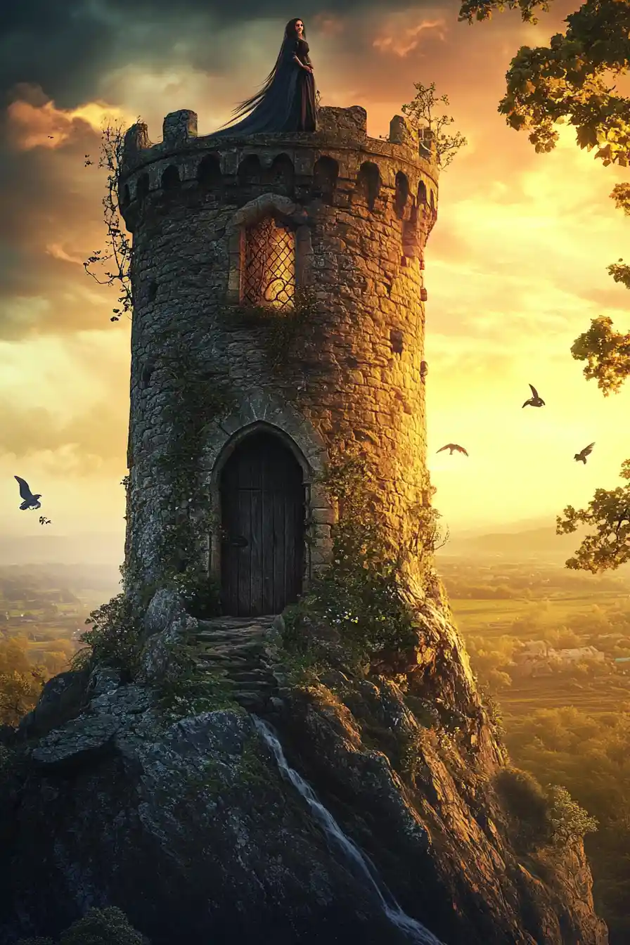 Medieval princess on a stone tower at warm sunset