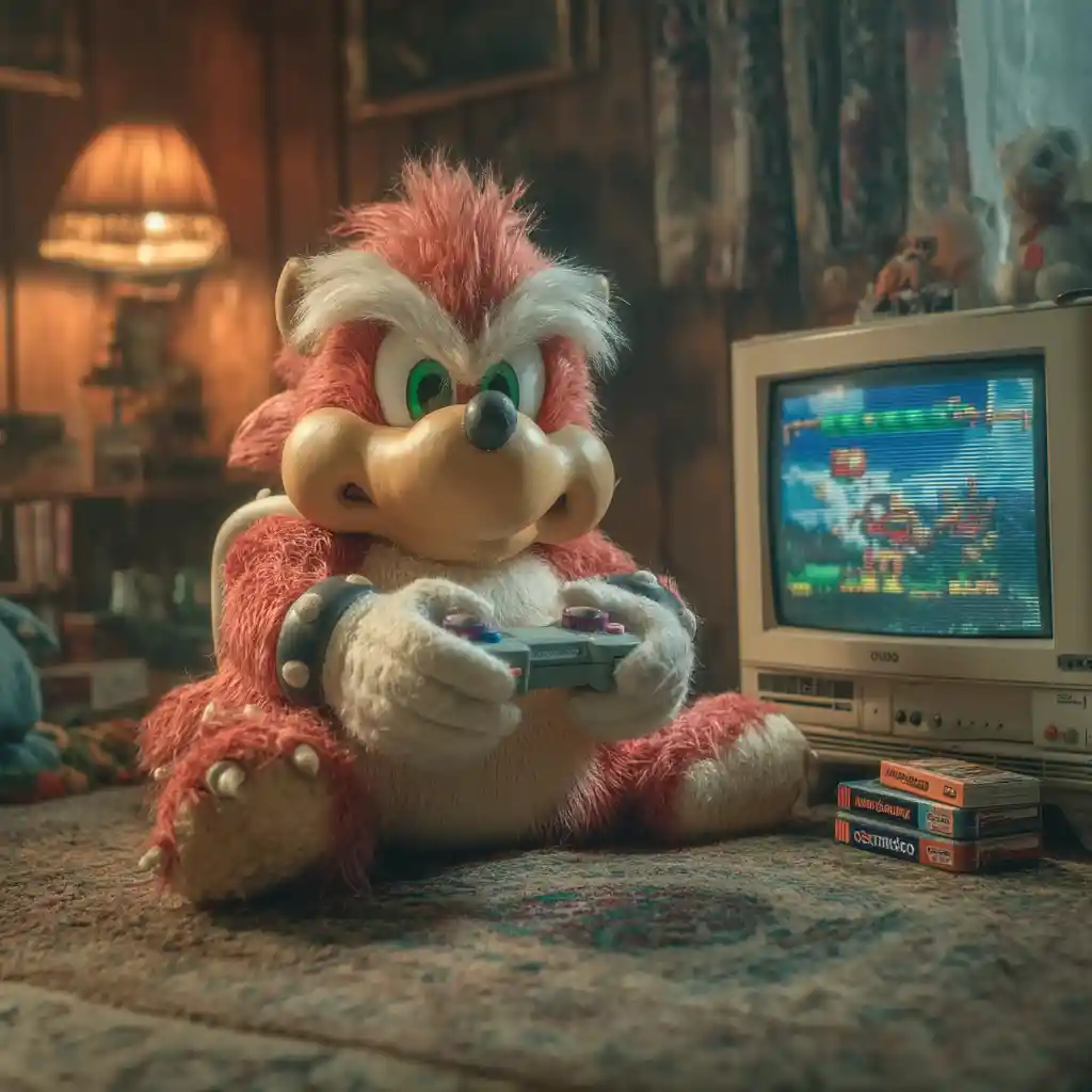 Anthropomorphic red creature gaming in a cozy 90s living room