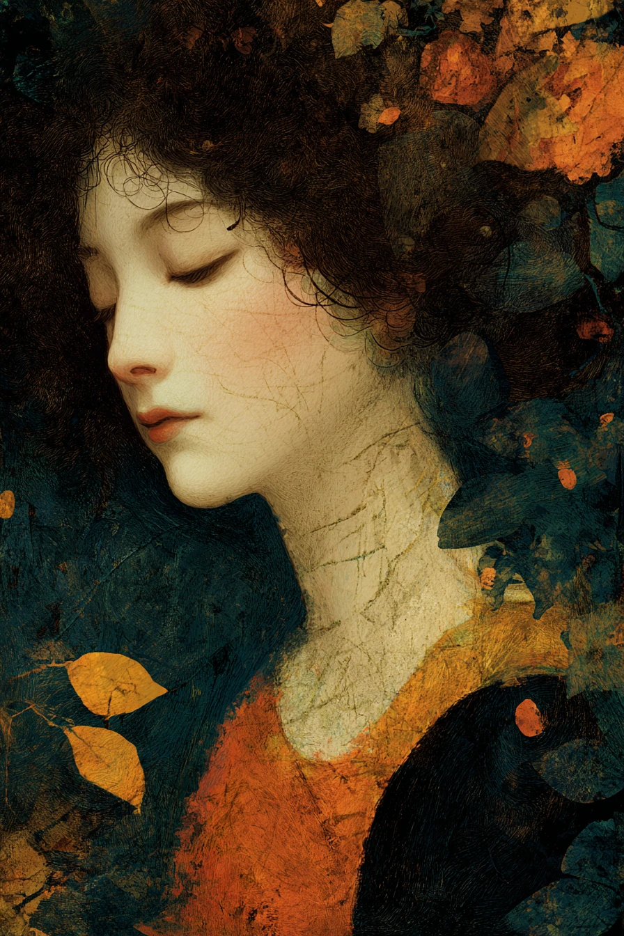 Surreal woman within a rich colorful dreamlike landscape