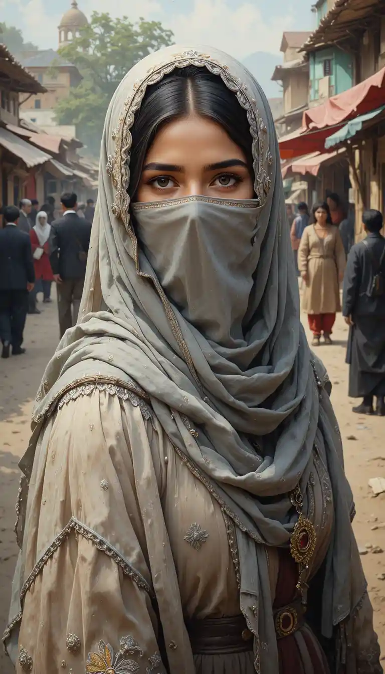 Veiled young woman in a vibrant village marketplace portrait