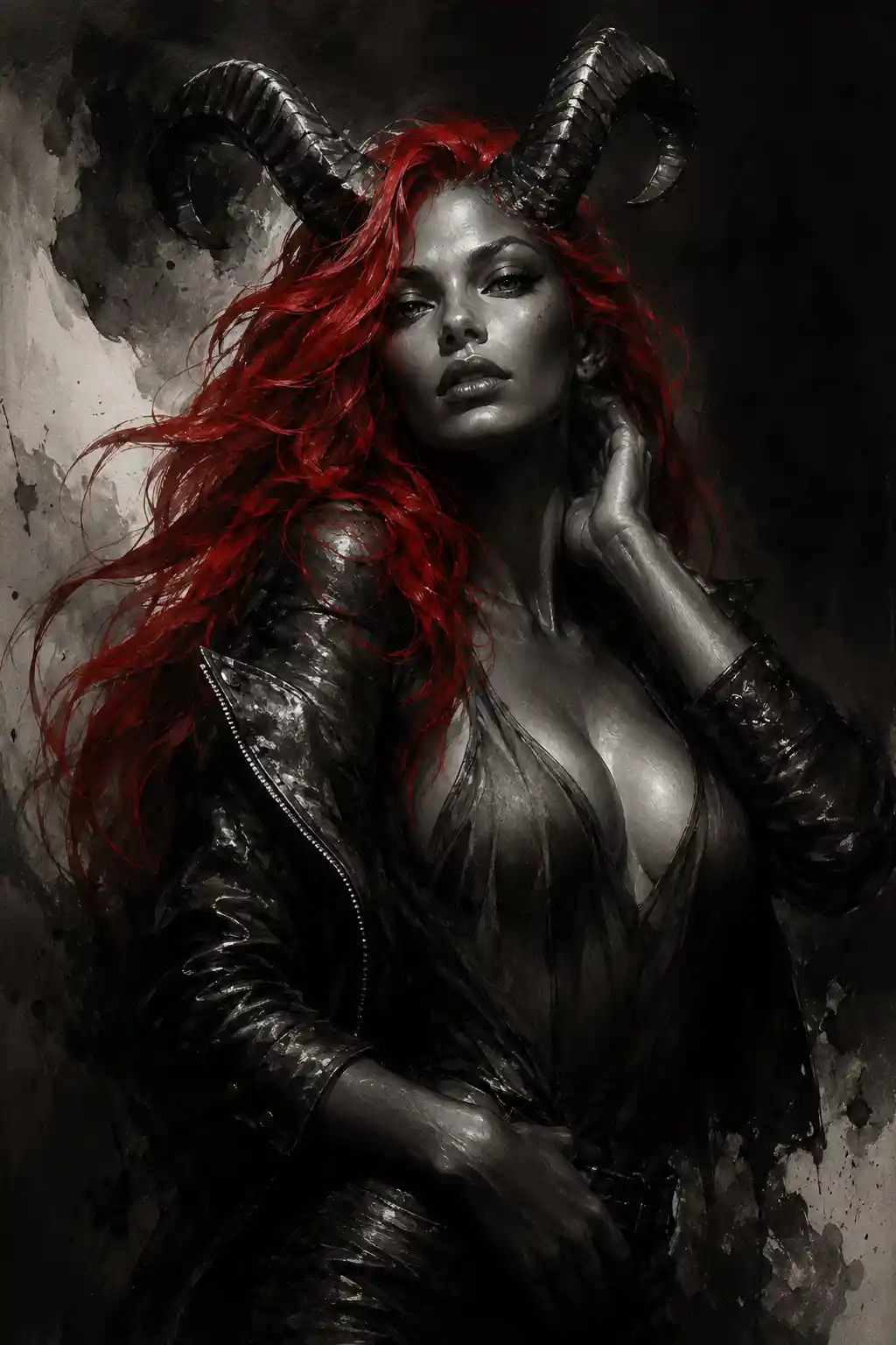 Demonic woman portrait with red hair in dramatic light