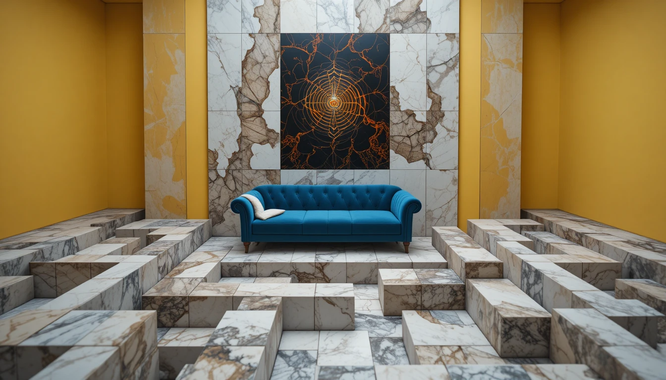 Blue velvet couch in a yellow room with landscape portal