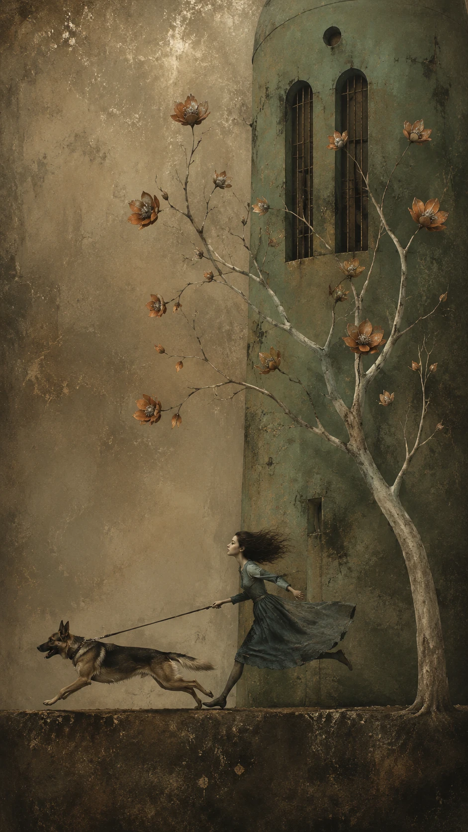Surreal girl running with a german shepherd by a tall tower