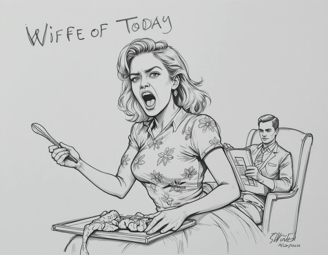 Frustrated wife ironing while her husband reads in a chair