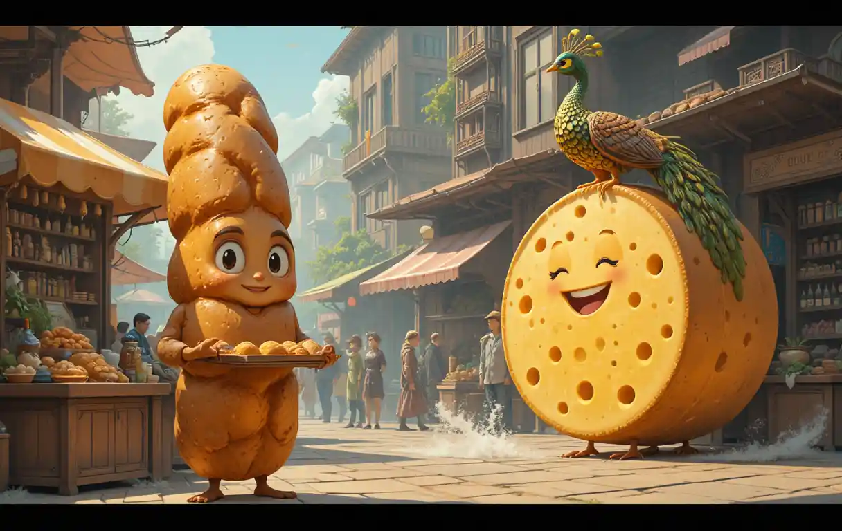 Playful fantasy food vendors in a bustling market scene