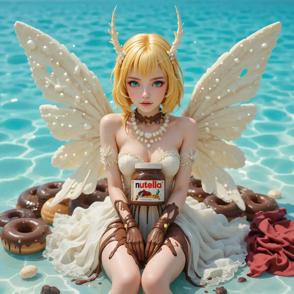 Winged blonde woman with chocolate and turquoise sea