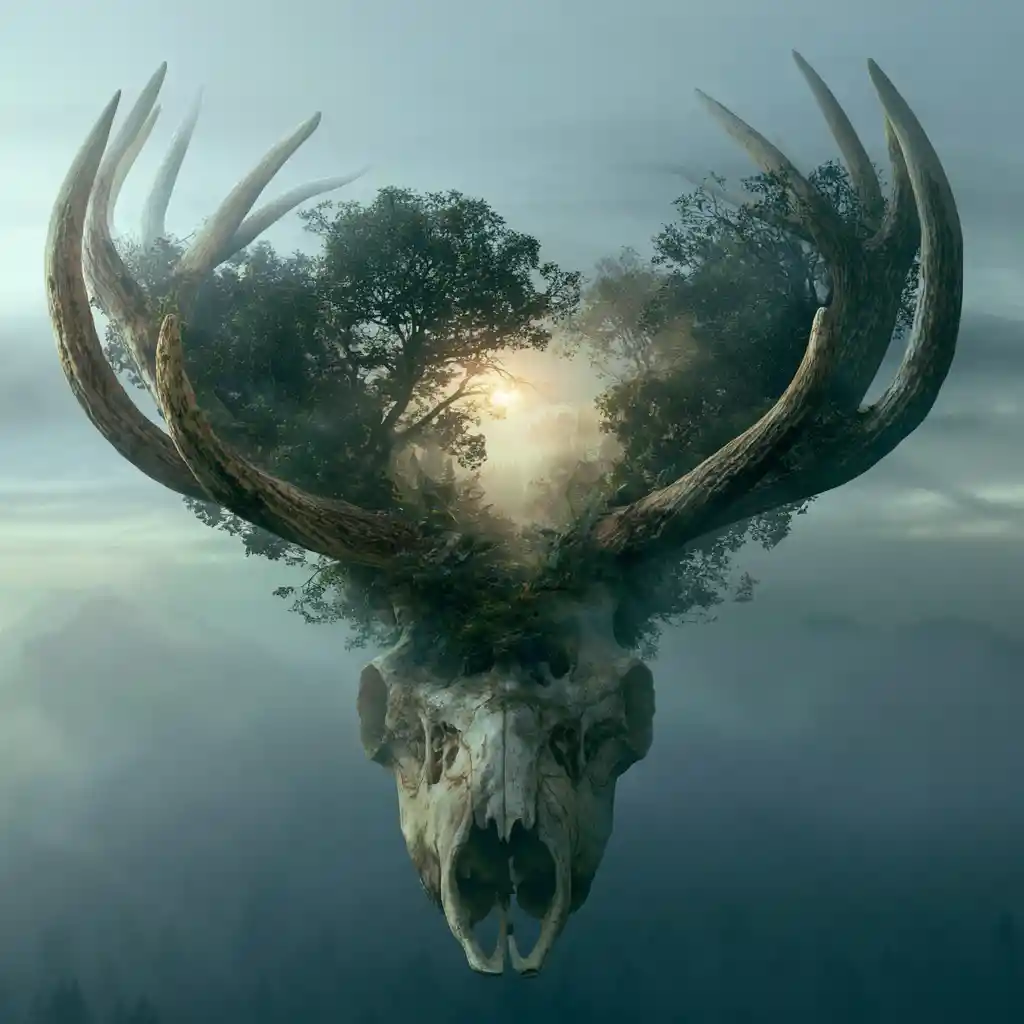 Mystic stag skull portrait with ancient forest reflections