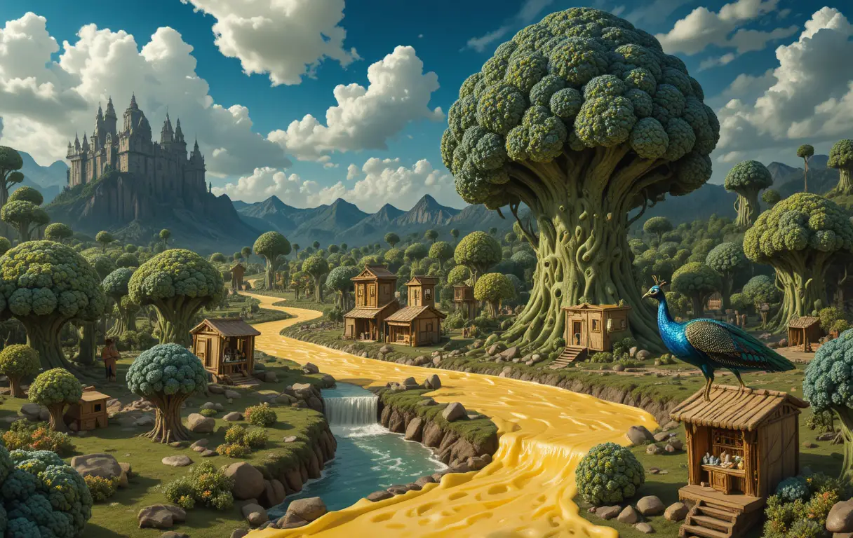 Surreal Cheese Rivers Flowing Through Broccoli Forest