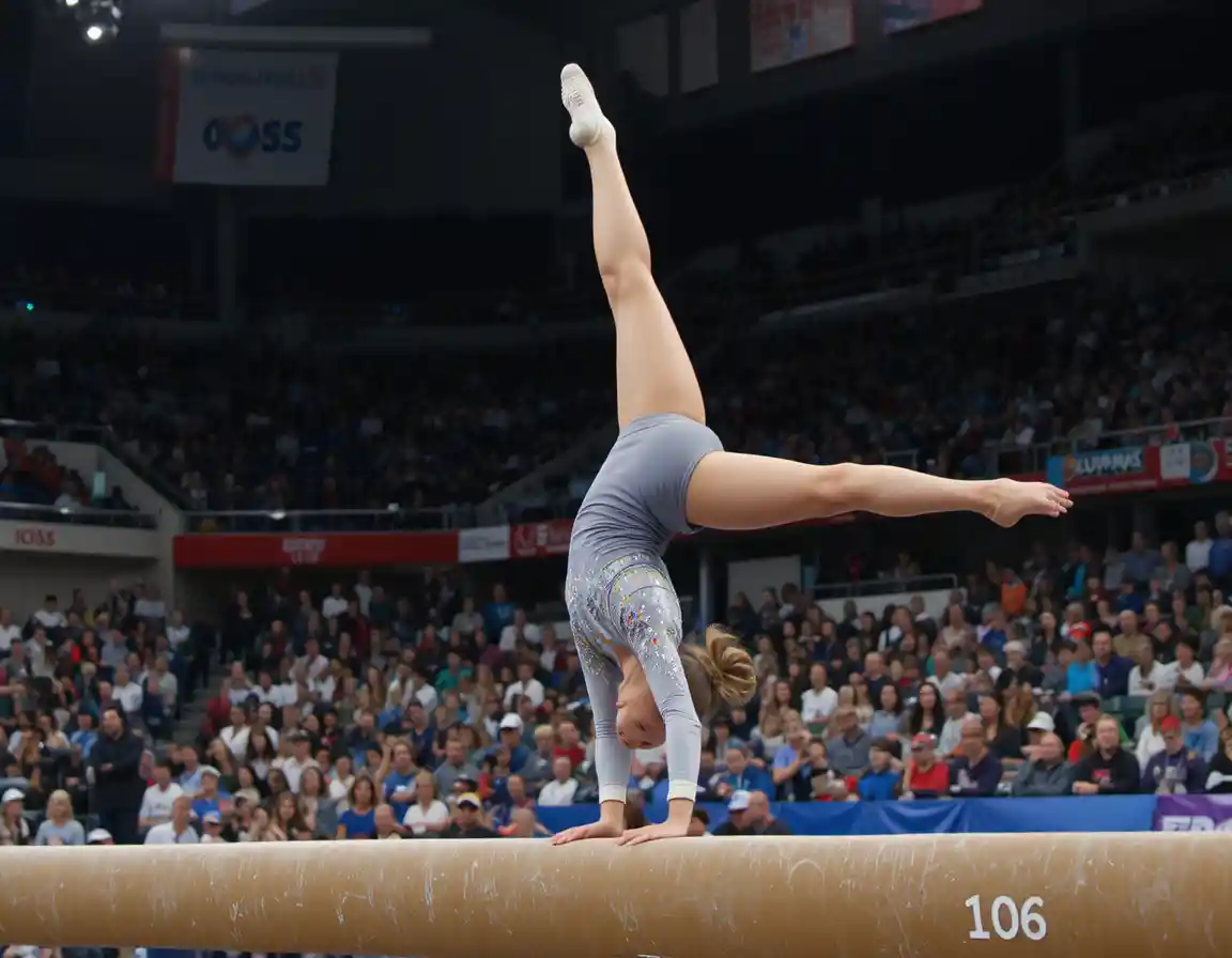 Female gymnast performing a back handspring in competition