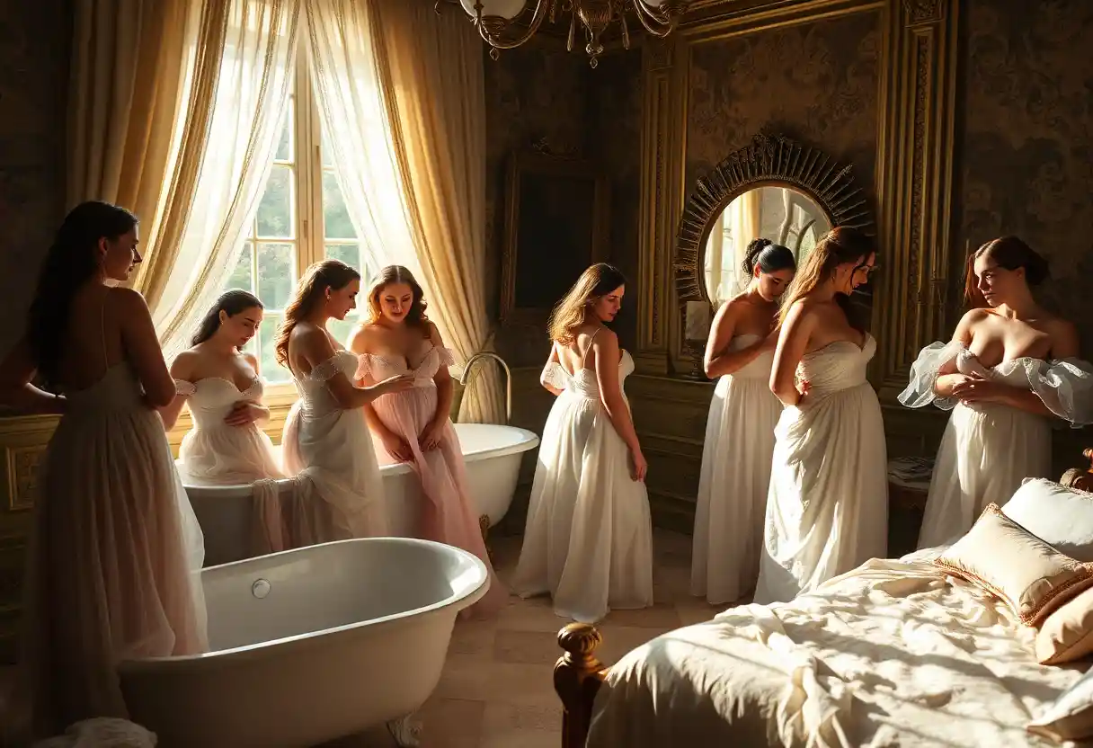 Elegant court ladies undressing in a Louis XIV boudoir