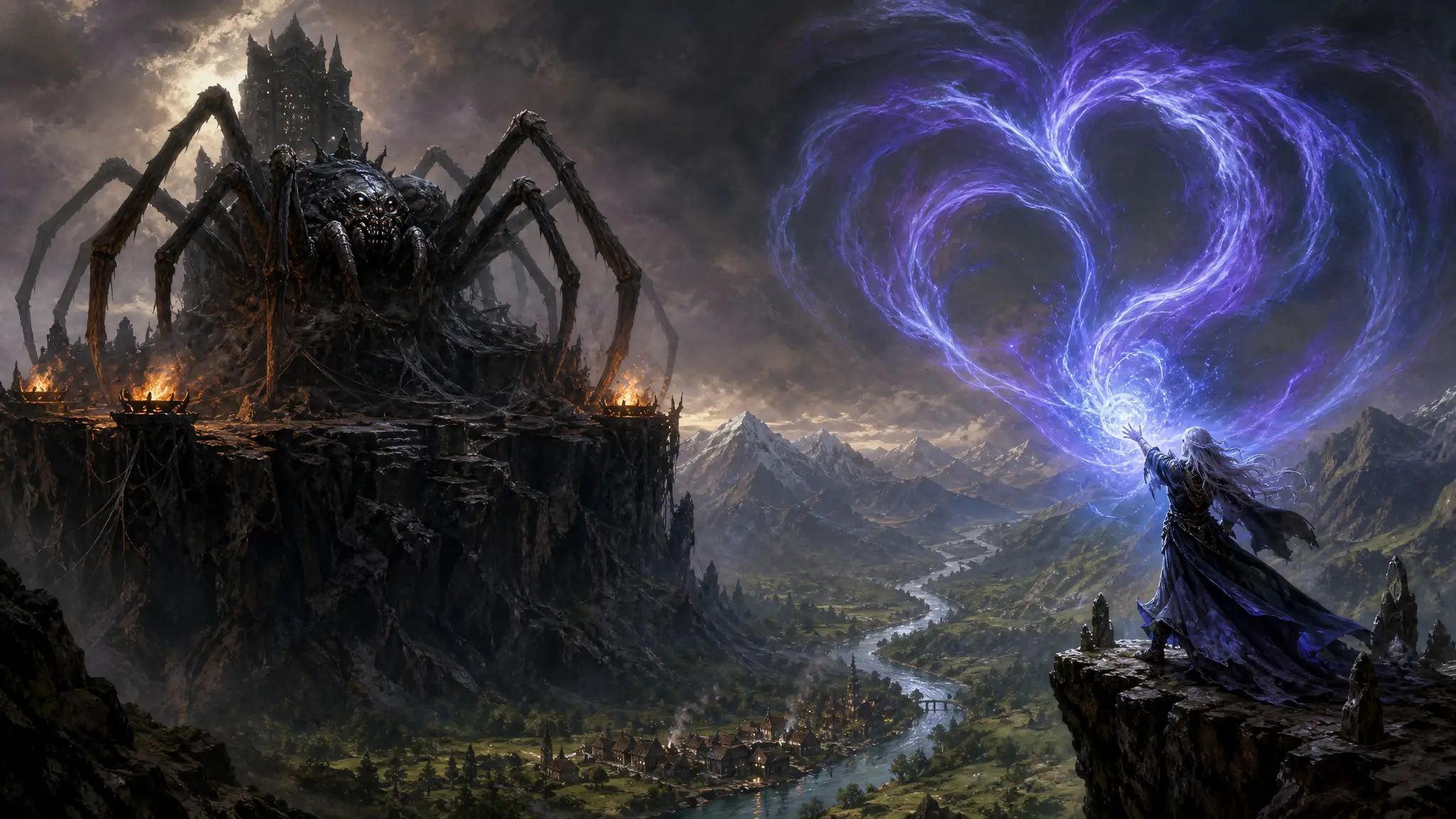 Ragno Gigante su Trono di Ossidiana sopra una Valle Montuosa