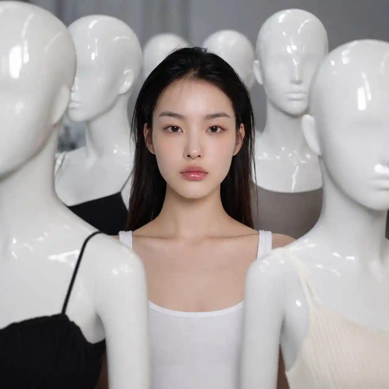 Young woman among plastic mannequins staring at camera